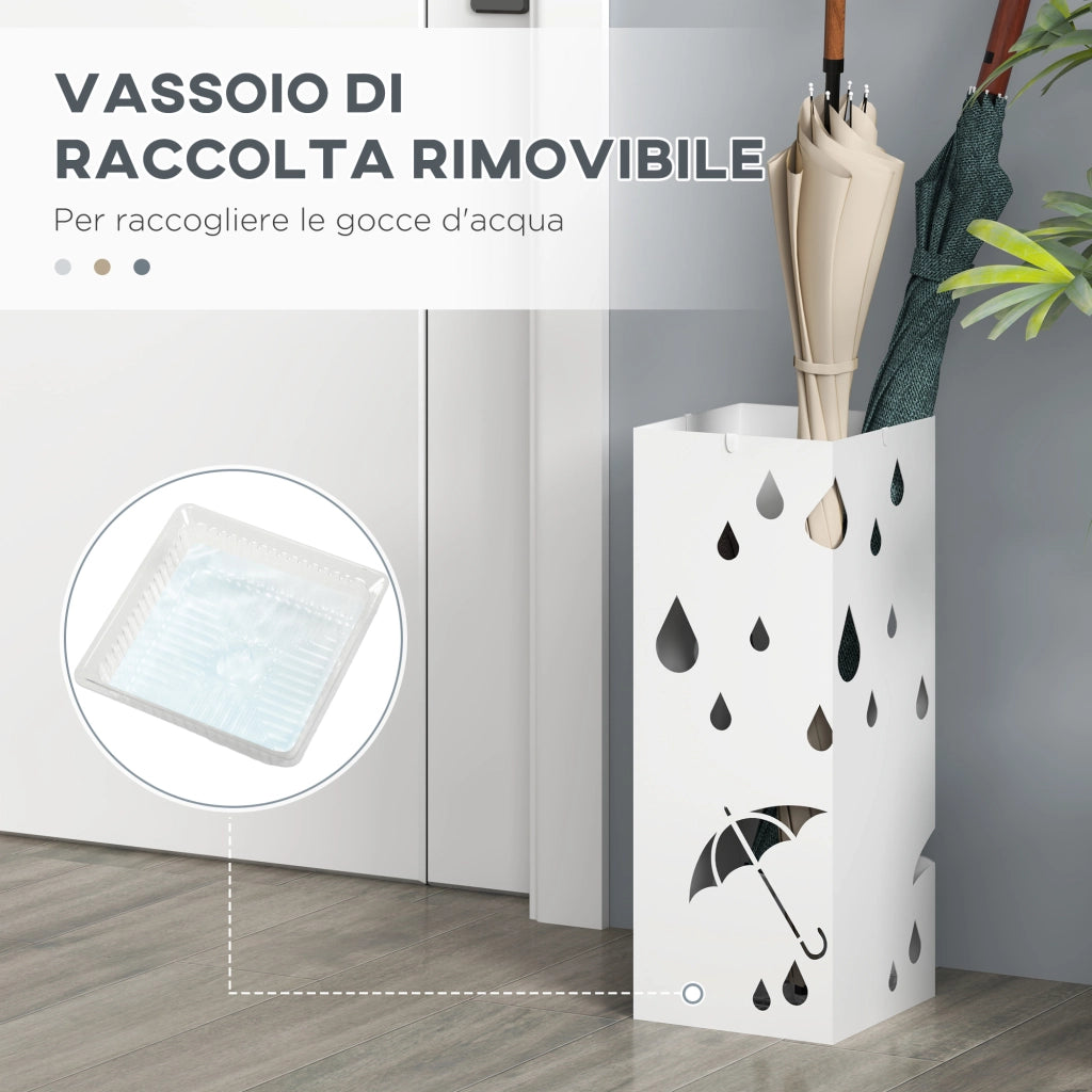 Portaombrelli in Metallo con Ganci e Vaschetta ¨C zephmum ¨C Bianco 15.5x15.5x41cm