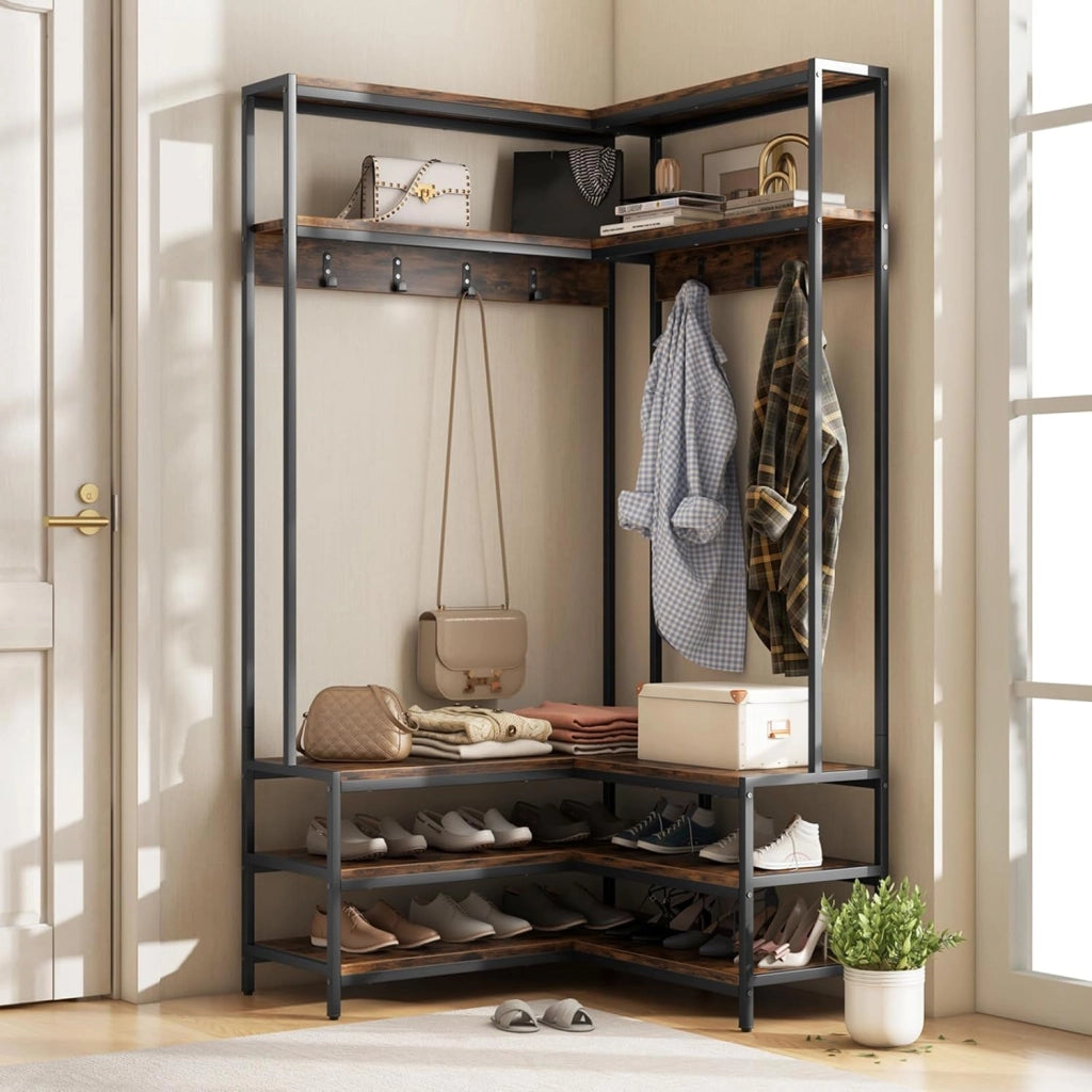 Appendiabiti da Terra a Forma di L, Mobile Ingresso con Scarpiera con Panchina, Ripiano e Gancio, Design Industriale per Angolo, 90 x 90 x 178 cm (Marrone)