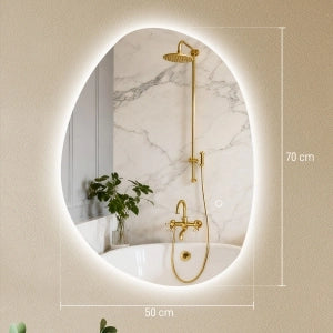 Specchio da bagno asimmetrico 70 x 50 cm con luce LED, funzione antiappannamento e touch, argento