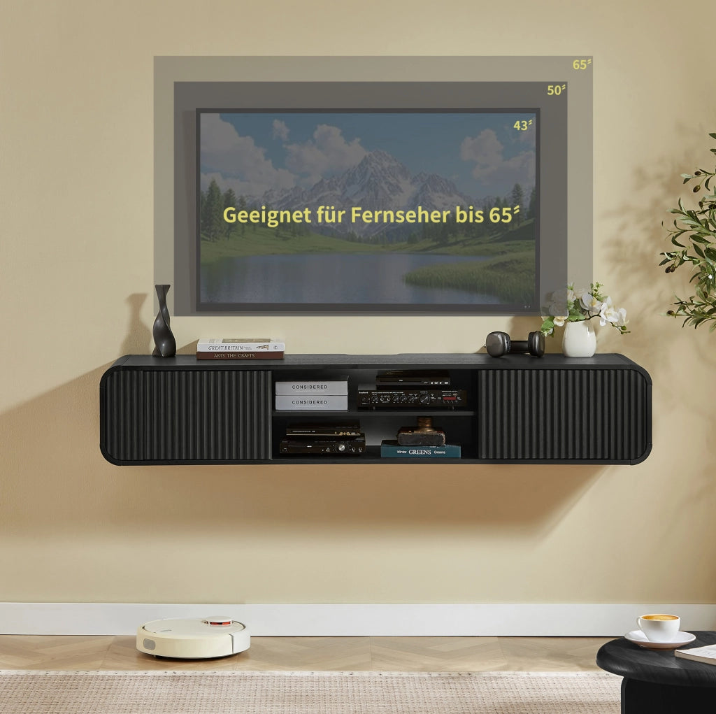 Mobile TV sospeso 160 cm nero con vani aperti e passacavi