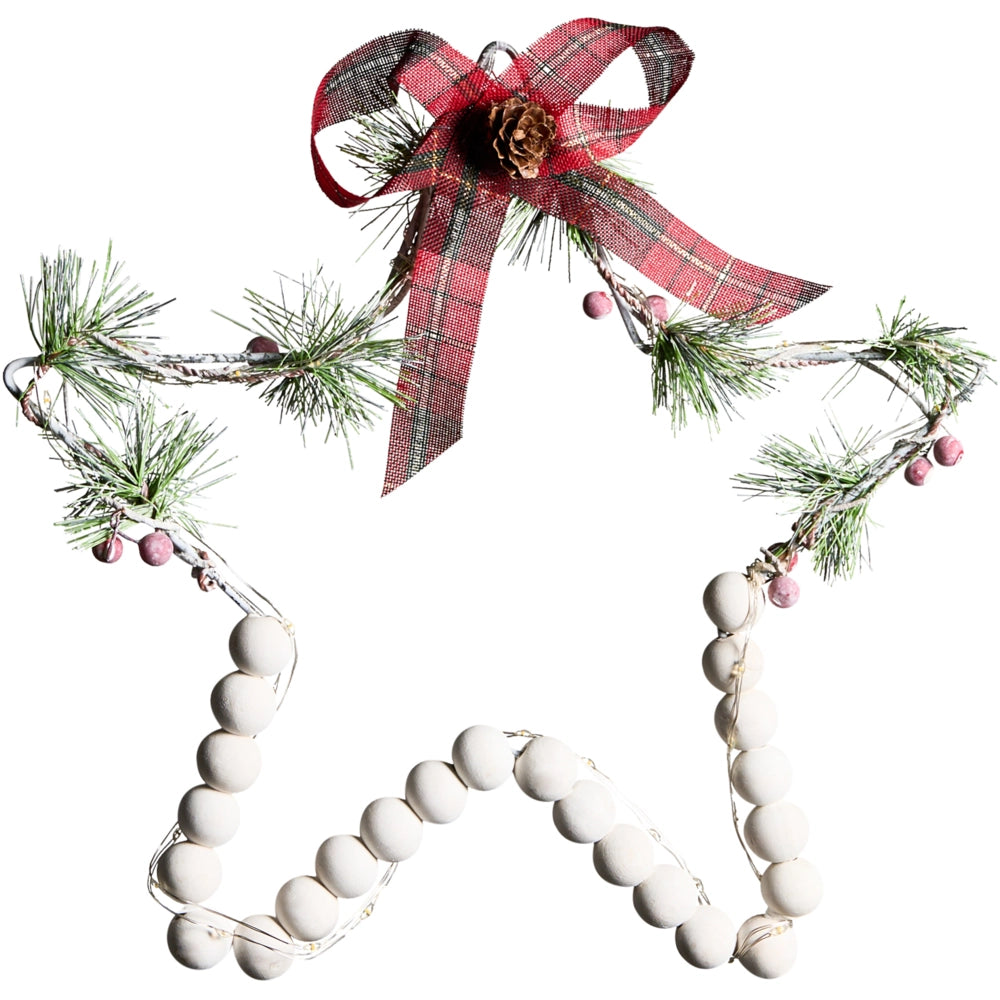 Set di 3 decorazioni natalizie in legno di abete bianco con luci LED a forma di stella da appendere, realizzate a mano in stile tradizionale