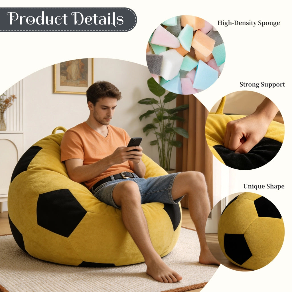Pouf a forma di pallone da calcio in flanella con imbottitura in schiuma a cubi per relax giallo nero