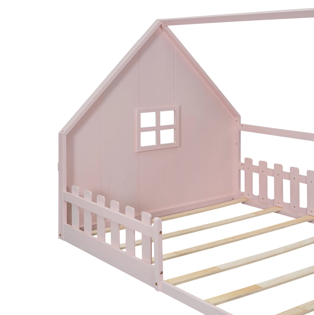 Letto per bambini a forma di casa 140x200 cm, rosa, con sponde