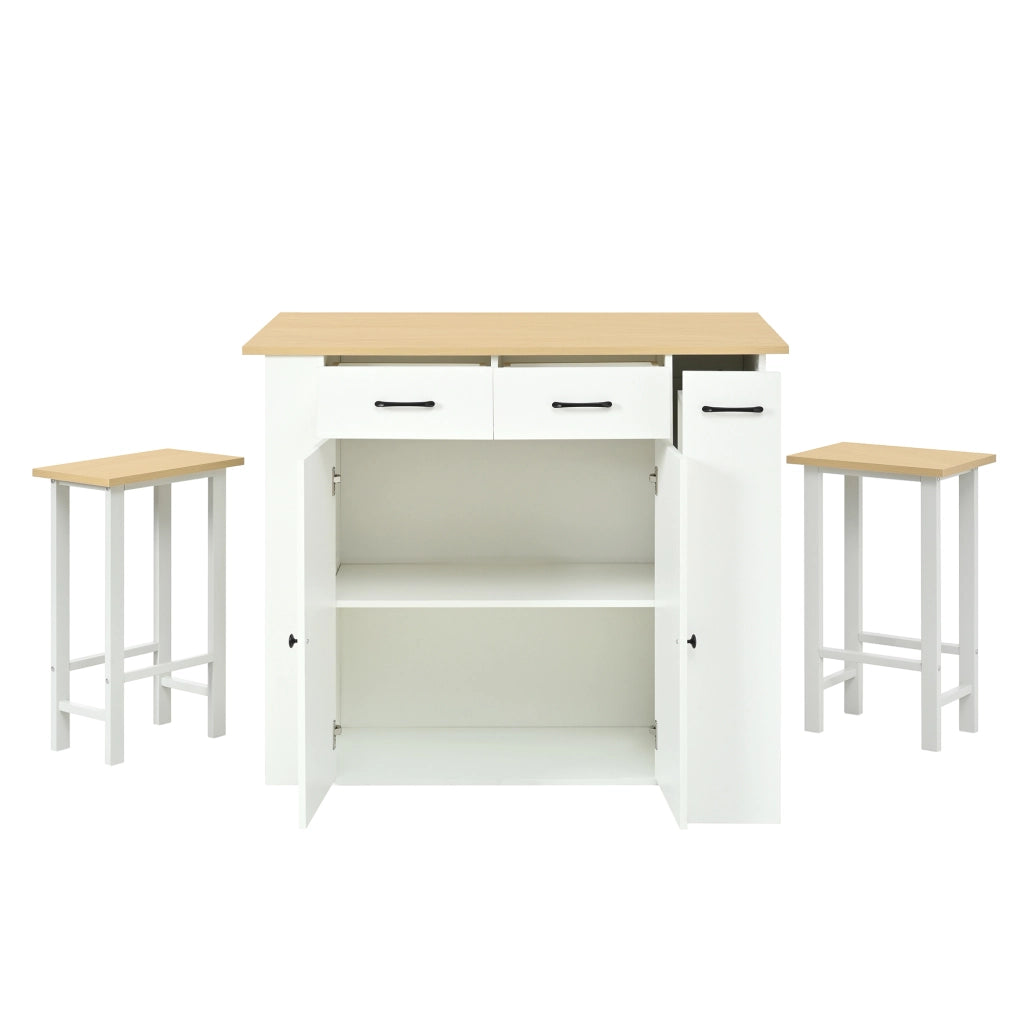 Isola Cucina con Tavolo Estensibile 120×45-75 cm; 2 Sgabelli; Ripiani Regolabili; Cassetti e Prese AC/USB Bianco