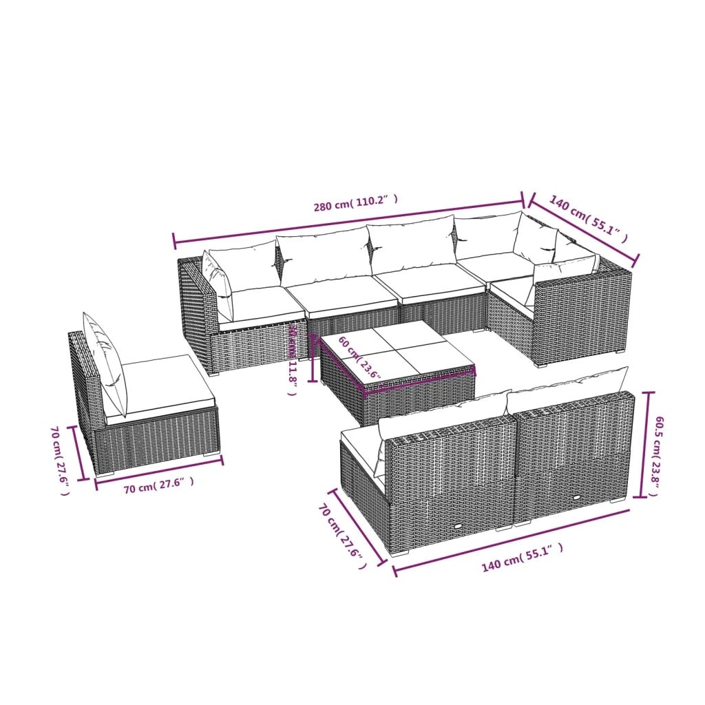 Set Divani da Giardino 9 pz con Cuscini in Polyrattan Nero