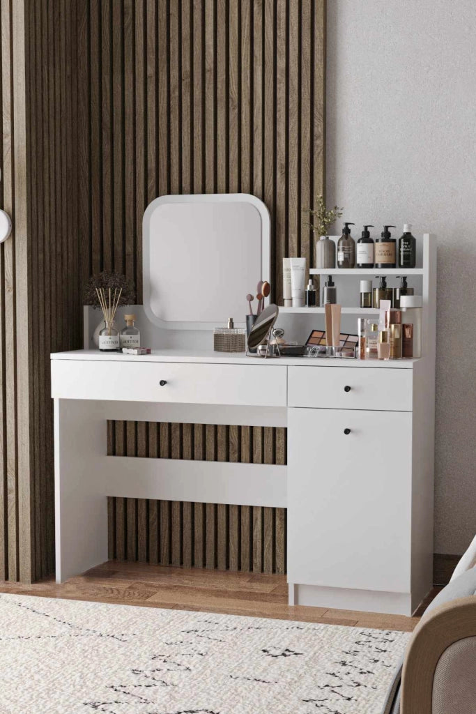 Comodino "Harmony Square" con specchio quadrato in legno - 124 x 40 x 135 cm - Bianco