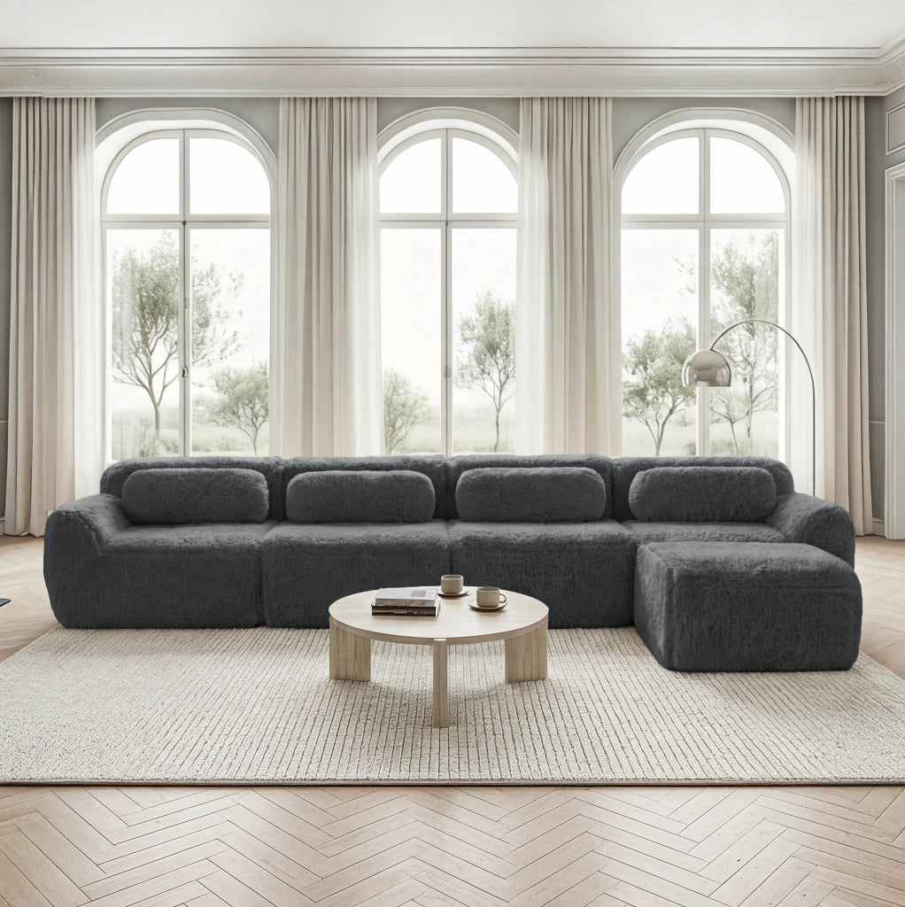 Divano angolare modulare 4 posti in tessuto plush grigio HOMVRA