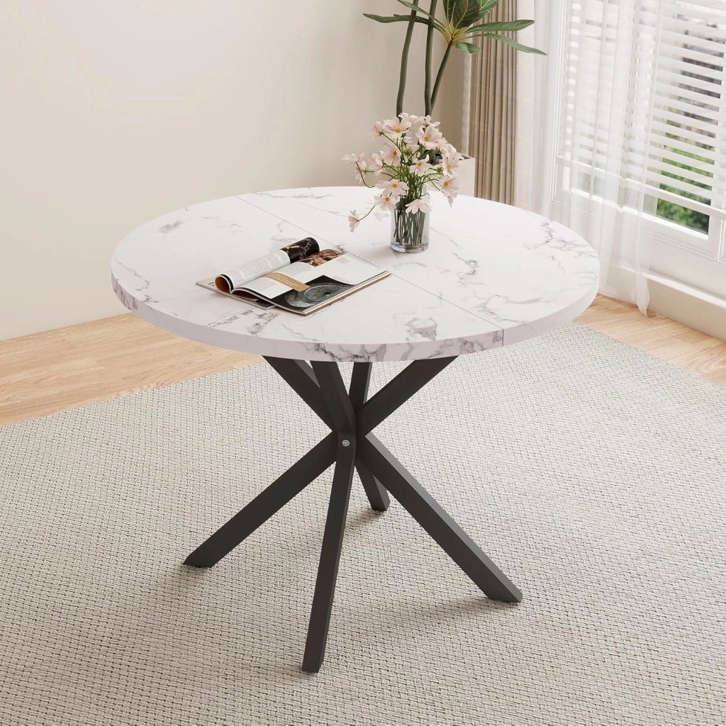 GrandCA HOME Set Tavolo e Sedie da Pranzo, Tavolo da Pranzo Rotondo da 100 CM e 4 Sedie Moderne in Lino, per Sala da Pranzo, Cucina, Soggiorno (Colore Marmo + Blu Lago)