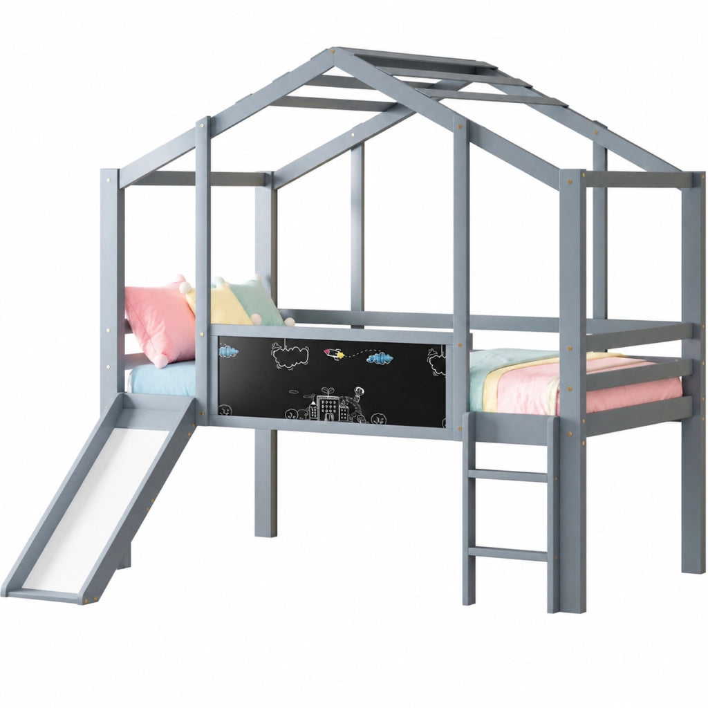 Letto a soppalco 90 × 200 cm con scivolo scala e lavagna struttura a casetta in legno grigio con sponde
