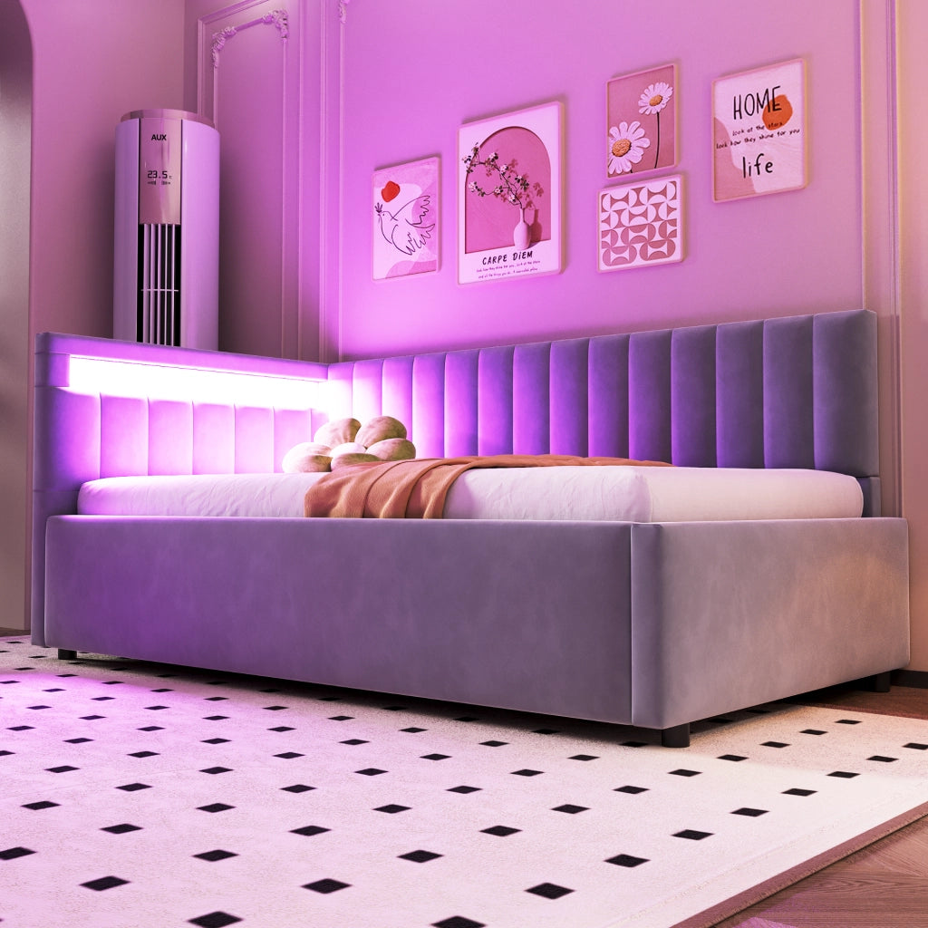 Letto imbottito 90x200 cm con LED, contenitore idraulico, tessuto effetto velluto, grigio chiaro