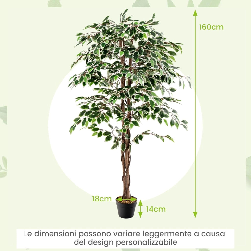 Albero di Fico Artificiale 160 CM, Pianta Finta da Interno con 1008 Foglie, Tronco Naturale in Legno, Vaso Robusto, Muschio Secco, Albero Finto per Casa, Ufficio, Soggiorno, Portico