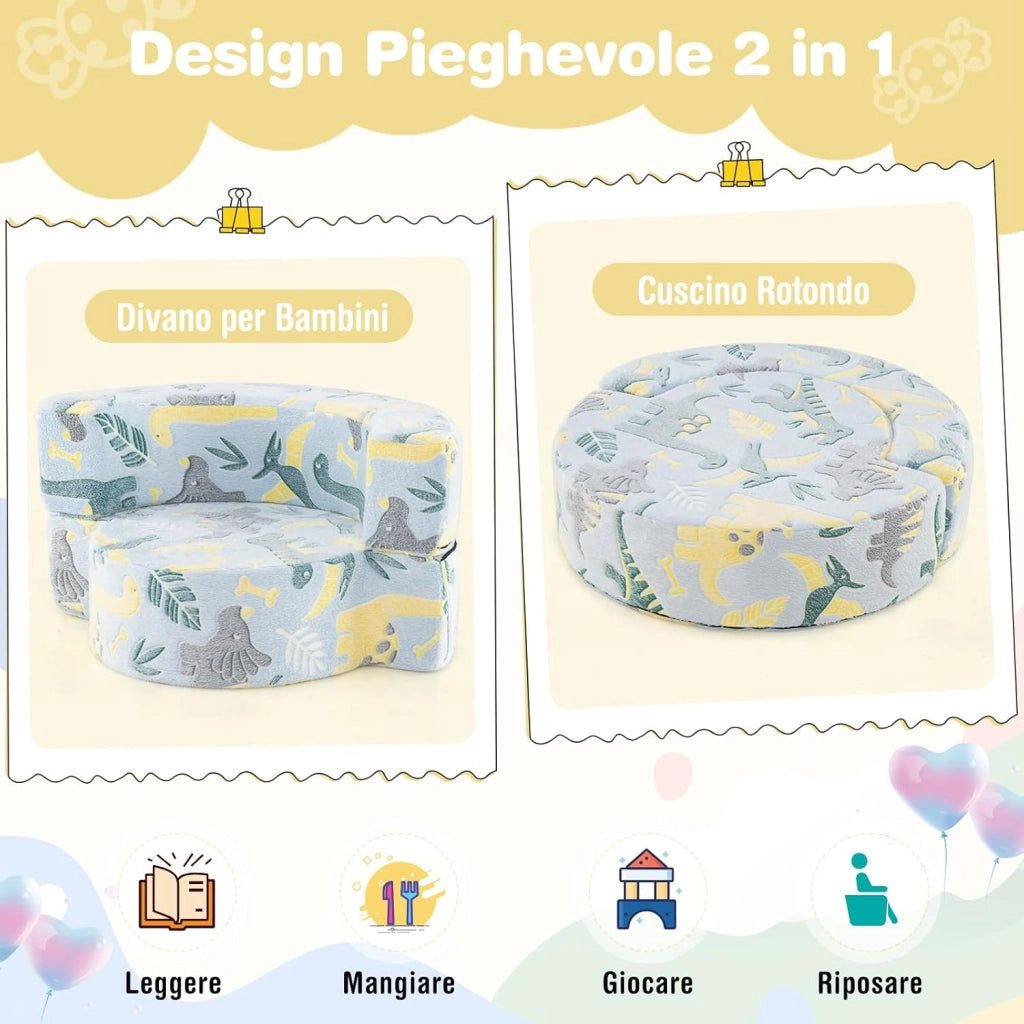 Divano Cuscino per Bambini Pieghevole 2 in 1, Poltrona Schienale Pieghevole per Bambini con Motivi Luminosi nel Buio, Divano Pieghevole per Camera da Letto e Soggiorno (Dinosauro blu)