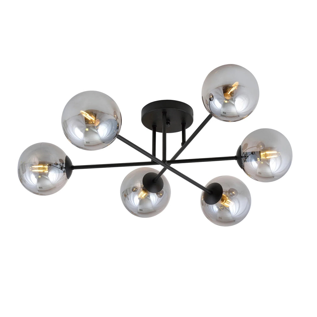 Plafoniera Moderna Morrigan 6 Luci In Acciao Nero E Sfere In Vetro Fumè