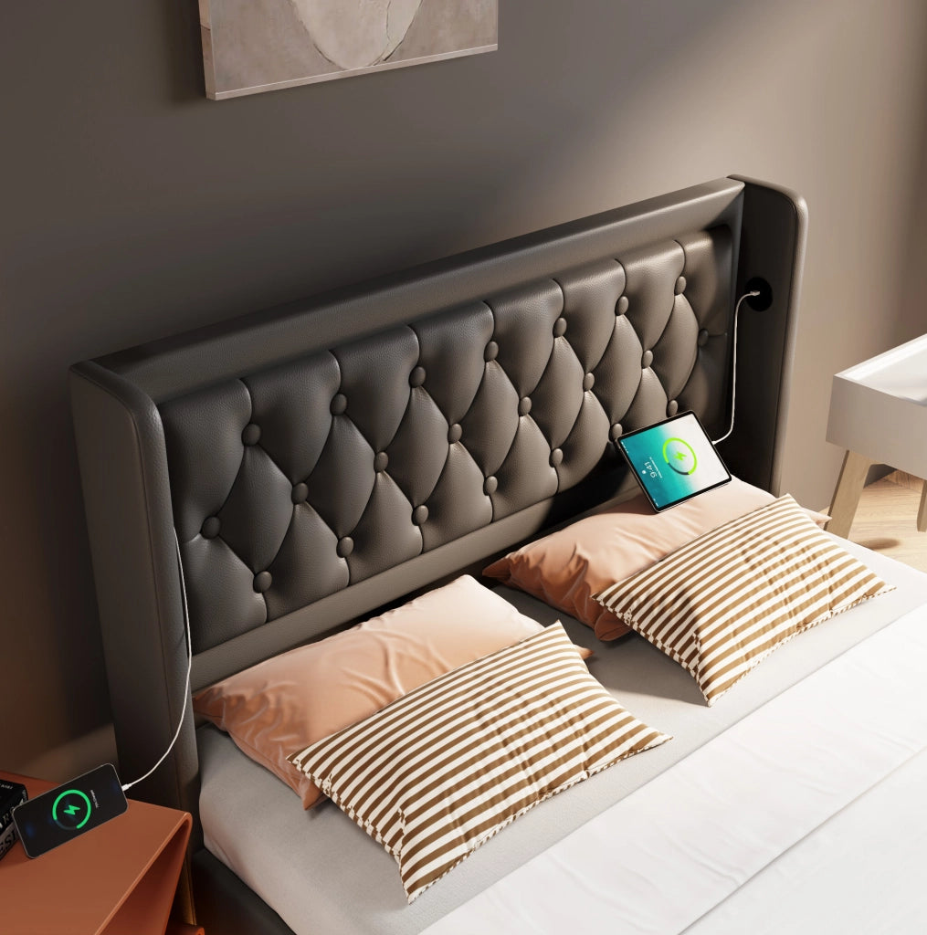 Letto imbottito 140x200 cm nero PU con contenitore idraulico, LED e USB-C