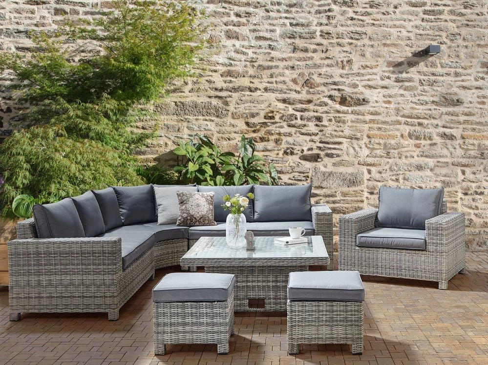 Set da giardino in rattan sintetico 9 posti divano angolare da esterno con tavolo cuscini grigio