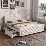 Letto matrimoniale 140x200 cm in PU bianco con rete a doghe; 2 cassetti e testiera Chesterfield