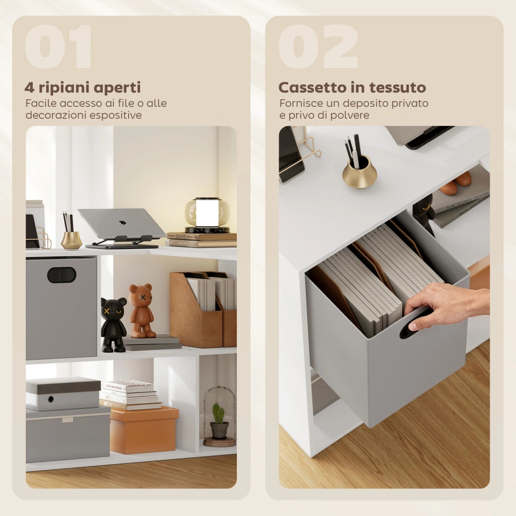 Scrivania Angolare Moderna 110x100x75 cm con Scaffale e Cassetto in Tessuto Bianco