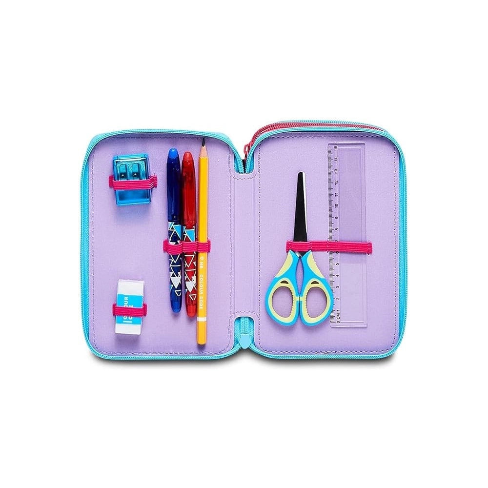 Trade Shop - Astuccio Stitch E Lilo 3 Zip Per Scuola Elementare Completo Di Accessori Seven -