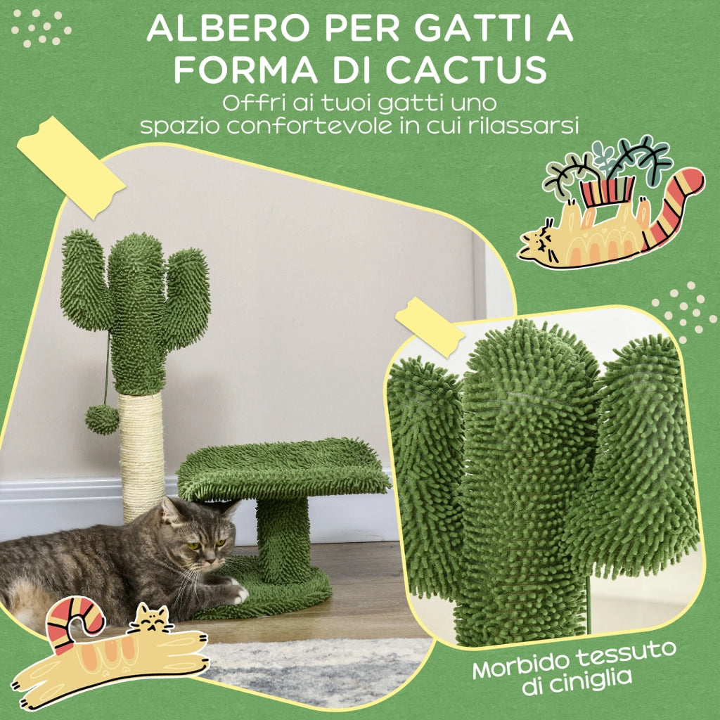 EasyComfort Albero per Gatti a forma di Cactus con Tiragraffi e Pallina da Gioco, 35x31x55.5 cm, Verde e Bianco