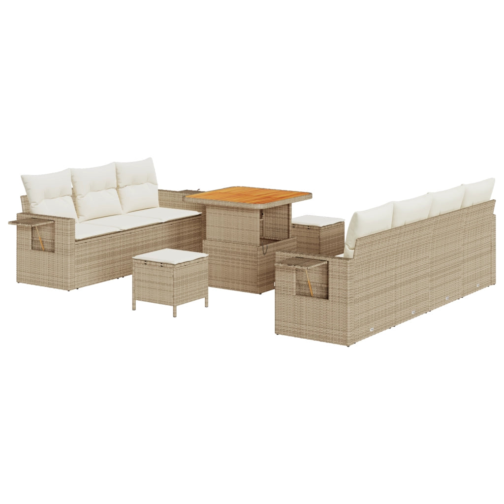 Set Divano Giardino da 10 Pezzi con Cuscini Beige in Rattan Poly e Legno di Acacia