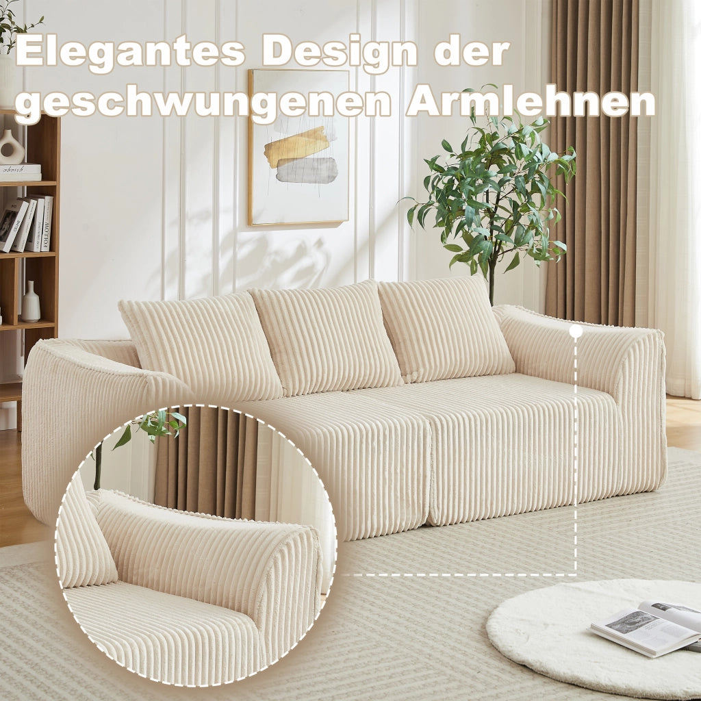 Divano modulare in velluto a coste con linee curve e seduta extra larga senza montaggio, beige chiaro per soggiorno