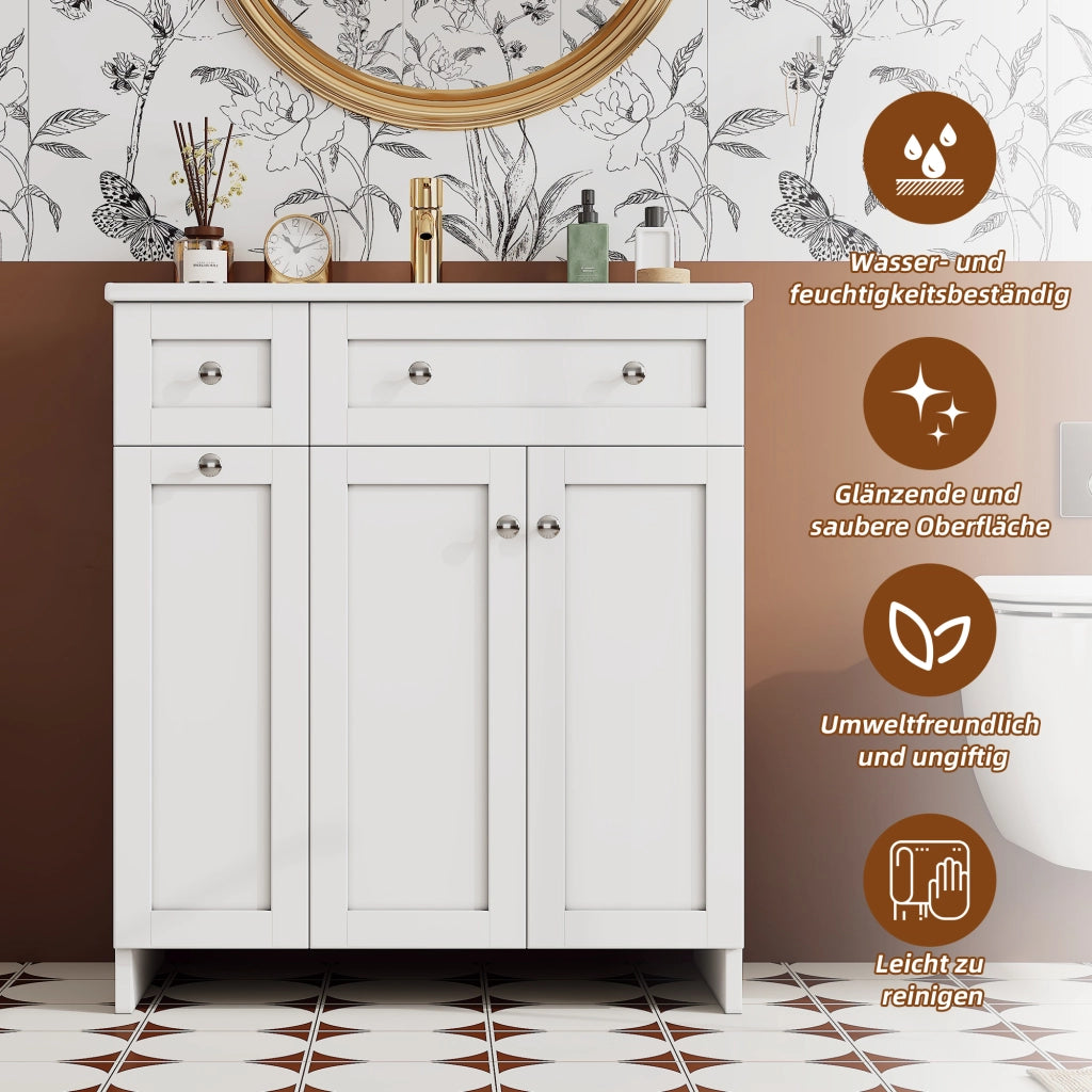 Mobile sottolavabo con lavabo in ceramica, 3 cassetti e 1 armadietto, bianco, 76 × 47 × 86 cm