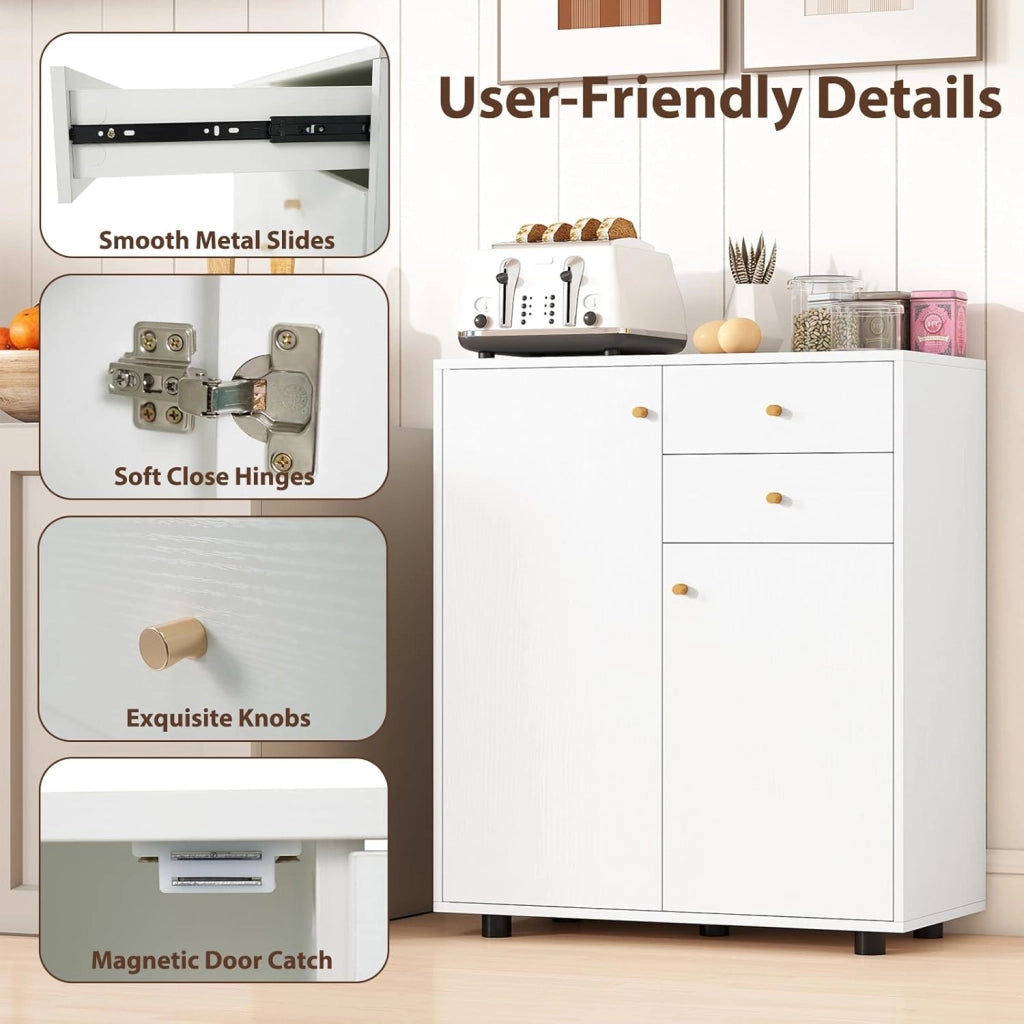 Mobile Dispensa con 2 Cassetti, Credenza da Cucina con 2 Ante, Mobiletto Basso con 3 Ripiani Regolabili, Armadio a Buffet per Sala da Pranzo, Soggiorno, 74x35x85,5 cm(L x P x A) (Bianco)