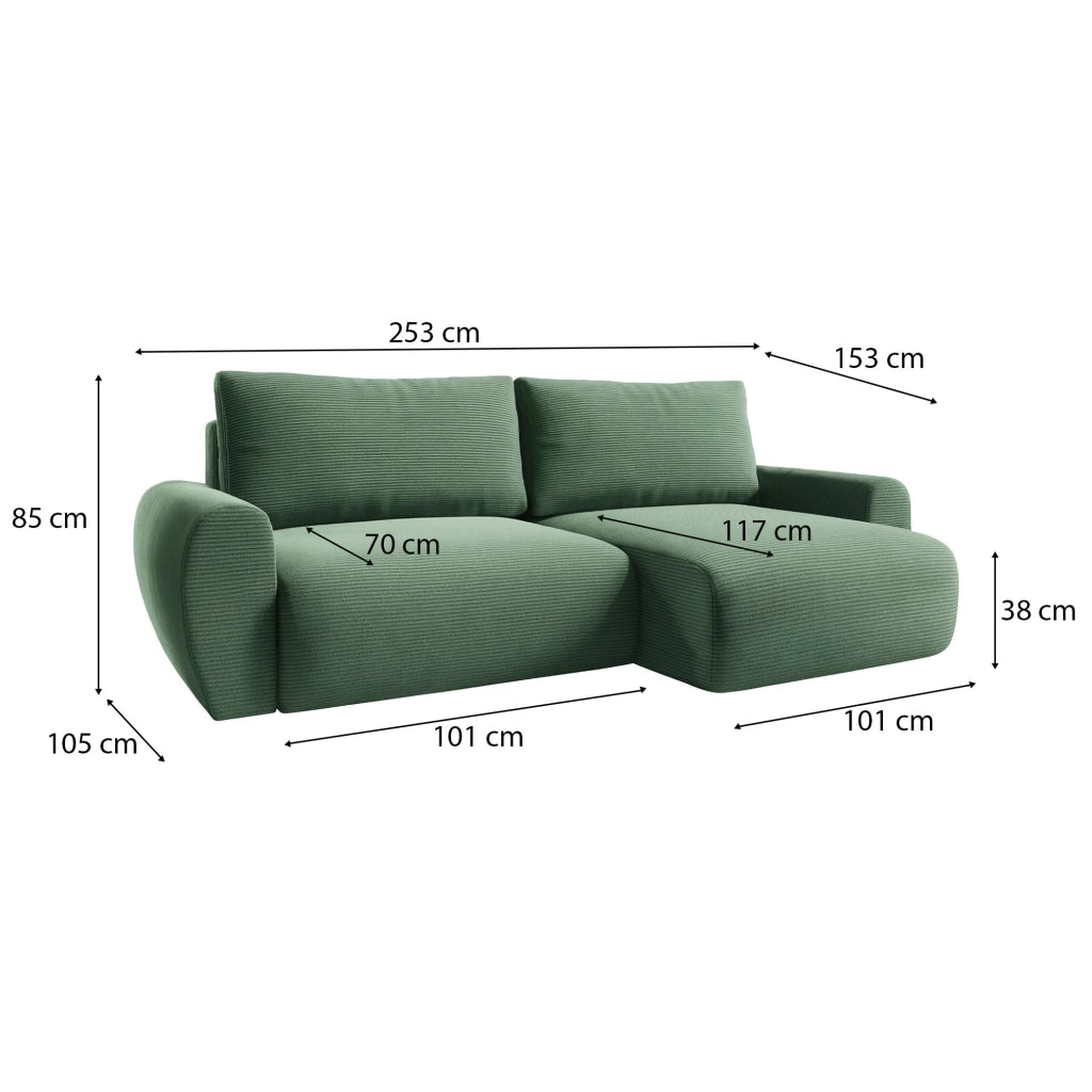 Paullo, Divano Letto con Penisola Contenitore, 253x153 cm Verde