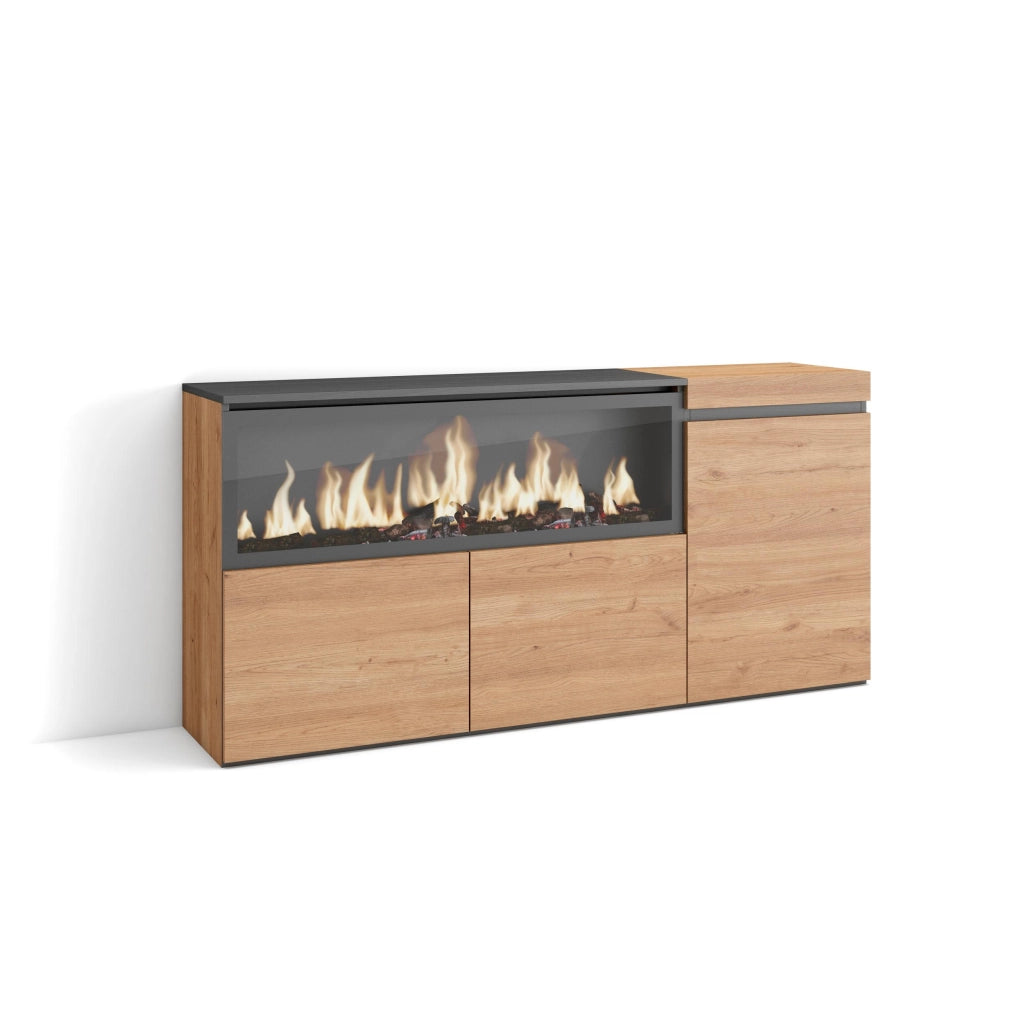 Credenza, Mobile, 158x35x75cm, 3 Porte, Camino elettrico XXL, colore Rovere RF3290