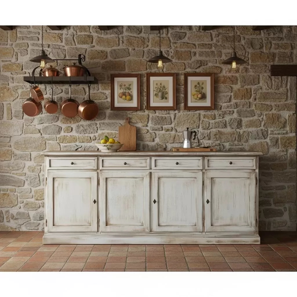 Credenza 4 porte legno shabby bianco anticato 205x42x86 - Mobili 2G