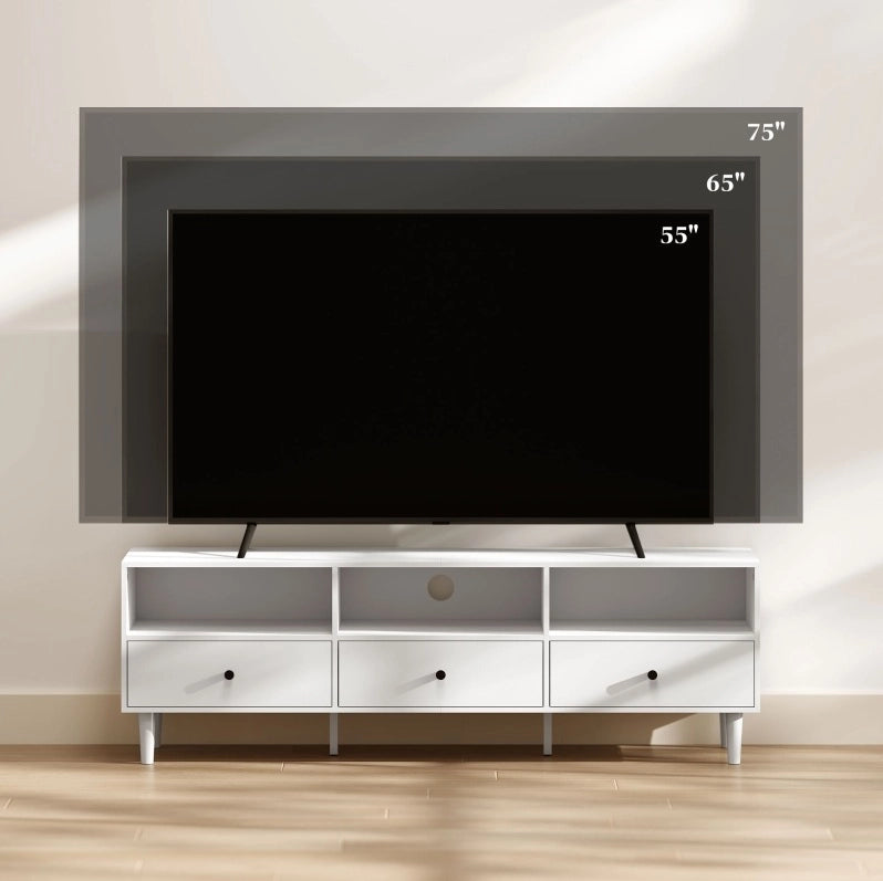 Mobile TV 140x34x45 cm con 3 ripiani aperti e 3 cassetti in legno bianco