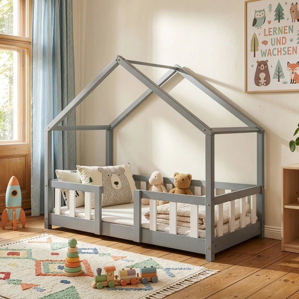 Letto per Cameretta Treviolo a Forma di Casetta in Stile Montessori 70x140 cm Grigio Chiaro/Bianco [en.casa]