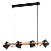 Lampadario A Sospensione Vintage Hornwood Acciaio Nero Legno 4 Luci E27