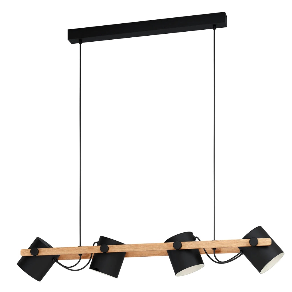 Lampadario A Sospensione Vintage Hornwood Acciaio Nero Legno 4 Luci E27