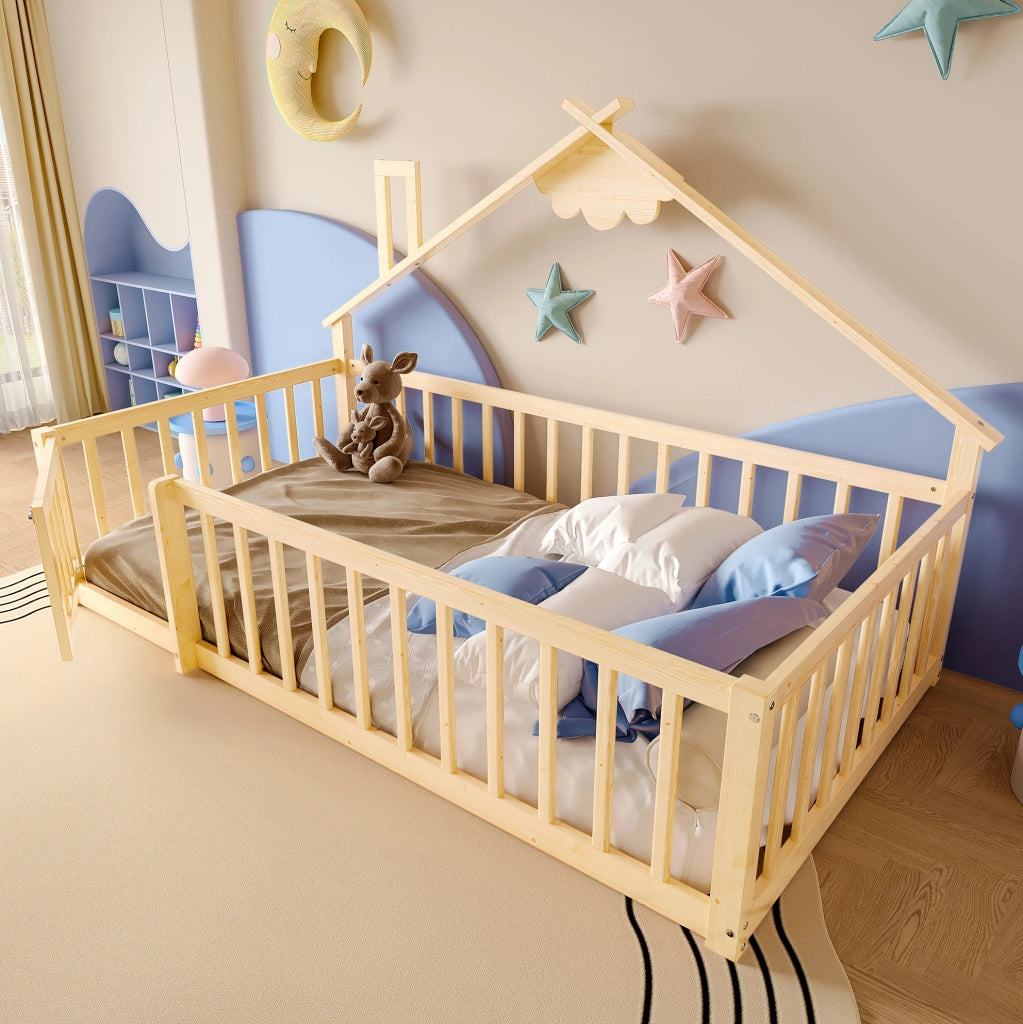 Letto per bambini 90x190 cm; casetta con sponde e chiusura; pino e MDF; colore naturale (Senza materasso)