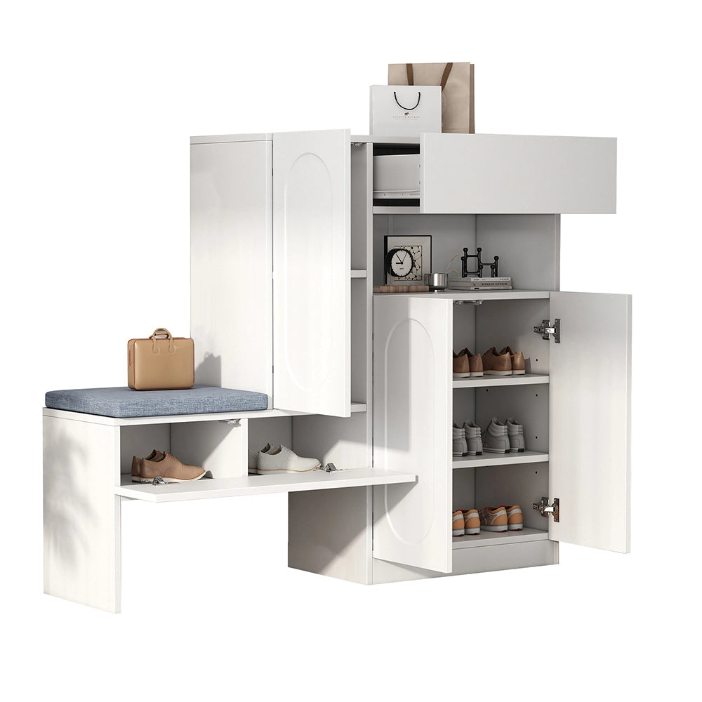 Armadio per scarpe 2 in 1 con porta - Xylo - 130??35??110 cm - Bianco - Porta ribaltabile, chiusura soft, scomparti regolabili
