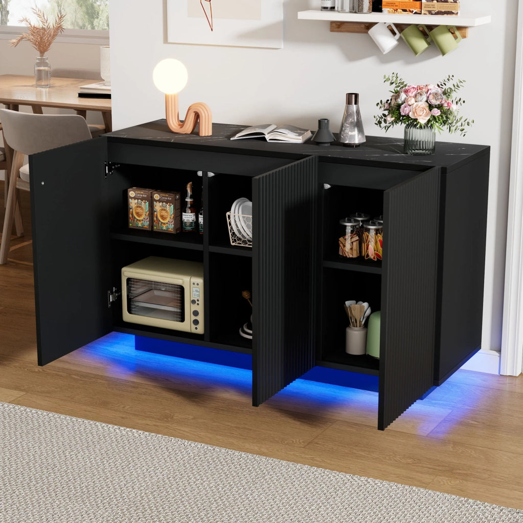 Credenza moderna 120 cm con LED Bluetooth, finitura nera effetto marmo, 3 ante e 6 scomparti