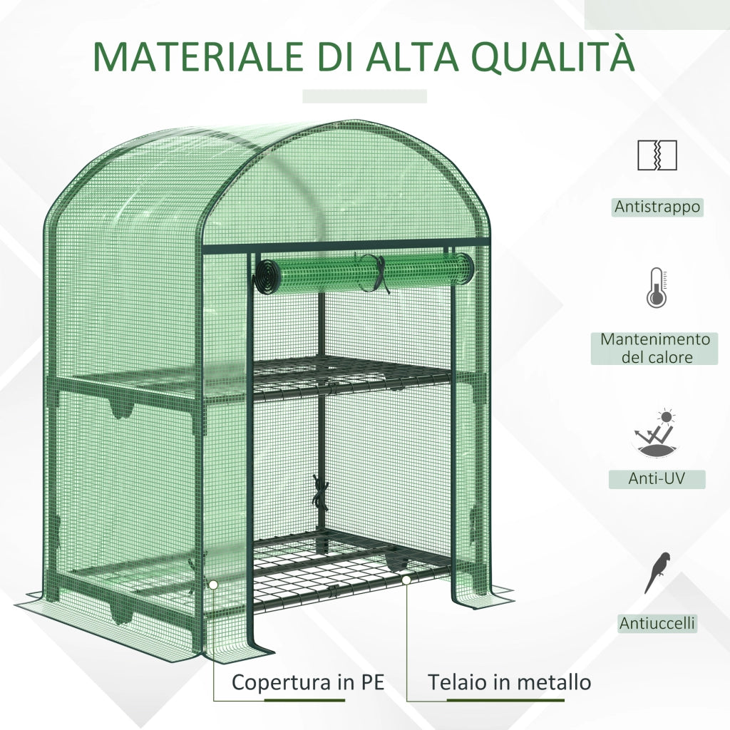 Mini Serra da Giardino con 2 Ripiani in Metallo e Copertura in PE, 69x49x92cm, Verde