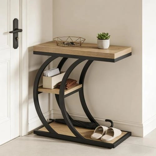 Tavolino laterale a C con 3 ripiani in metallo e legno per soggiorno e camera da letto; nero e marrone; 60×30×58 cm