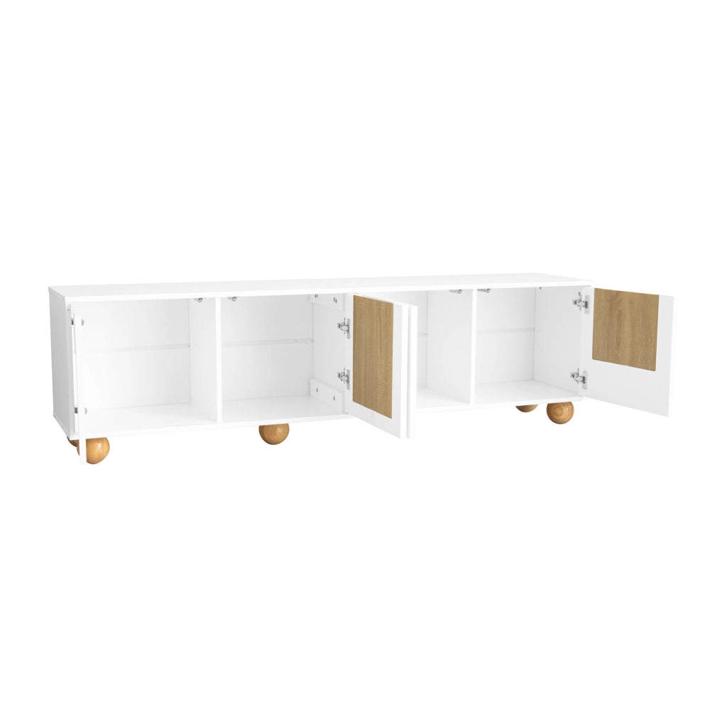 Mobile TV 175x38x50 cm con quattro vani; gambe rotonde in legno; MDF; naturale e bianco