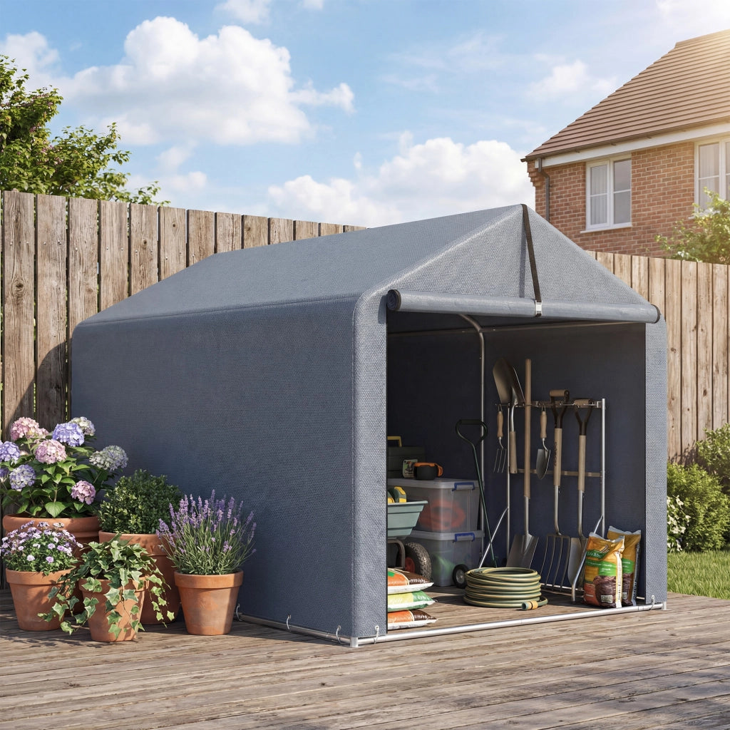 Tenda Garage 162x221,5x163 cm con Copertura Rinforzata Impermeabile e Ingresso Zip in Acciaio Zincato Grigio