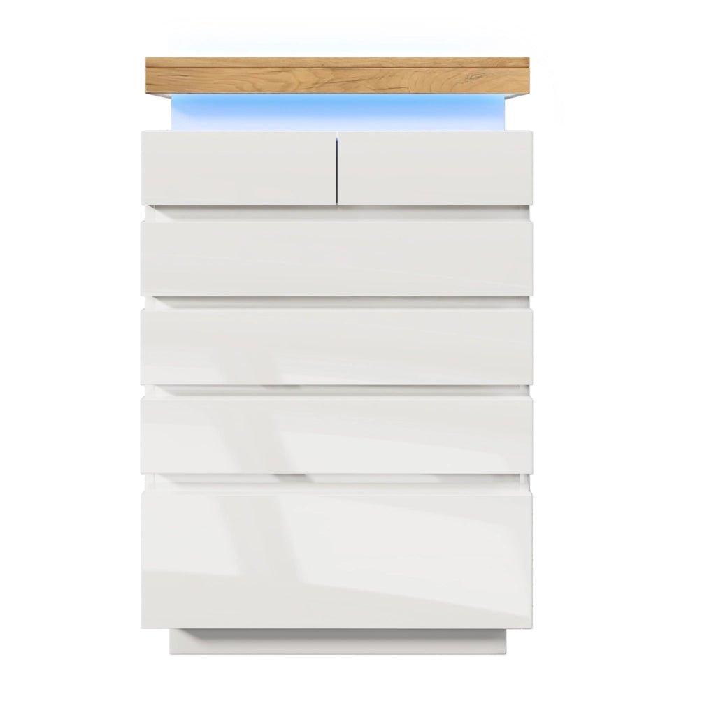 Cassettiera con 6 cassetti e LED con controllo touch e app; 115x73x39 cm; truciolare bianco