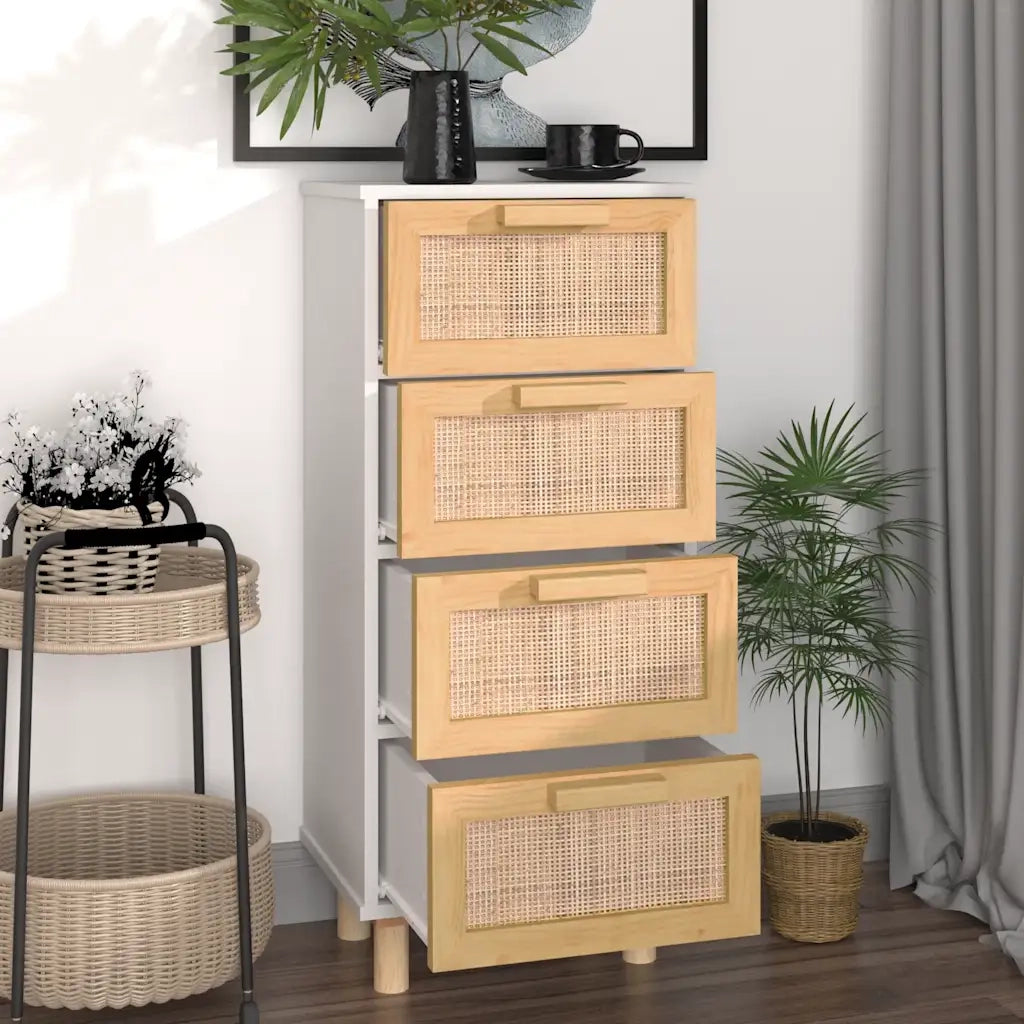 Credenza Bianca 40x30x90cm Legno Massello Pino Rattan Naturale cod mxl 22791