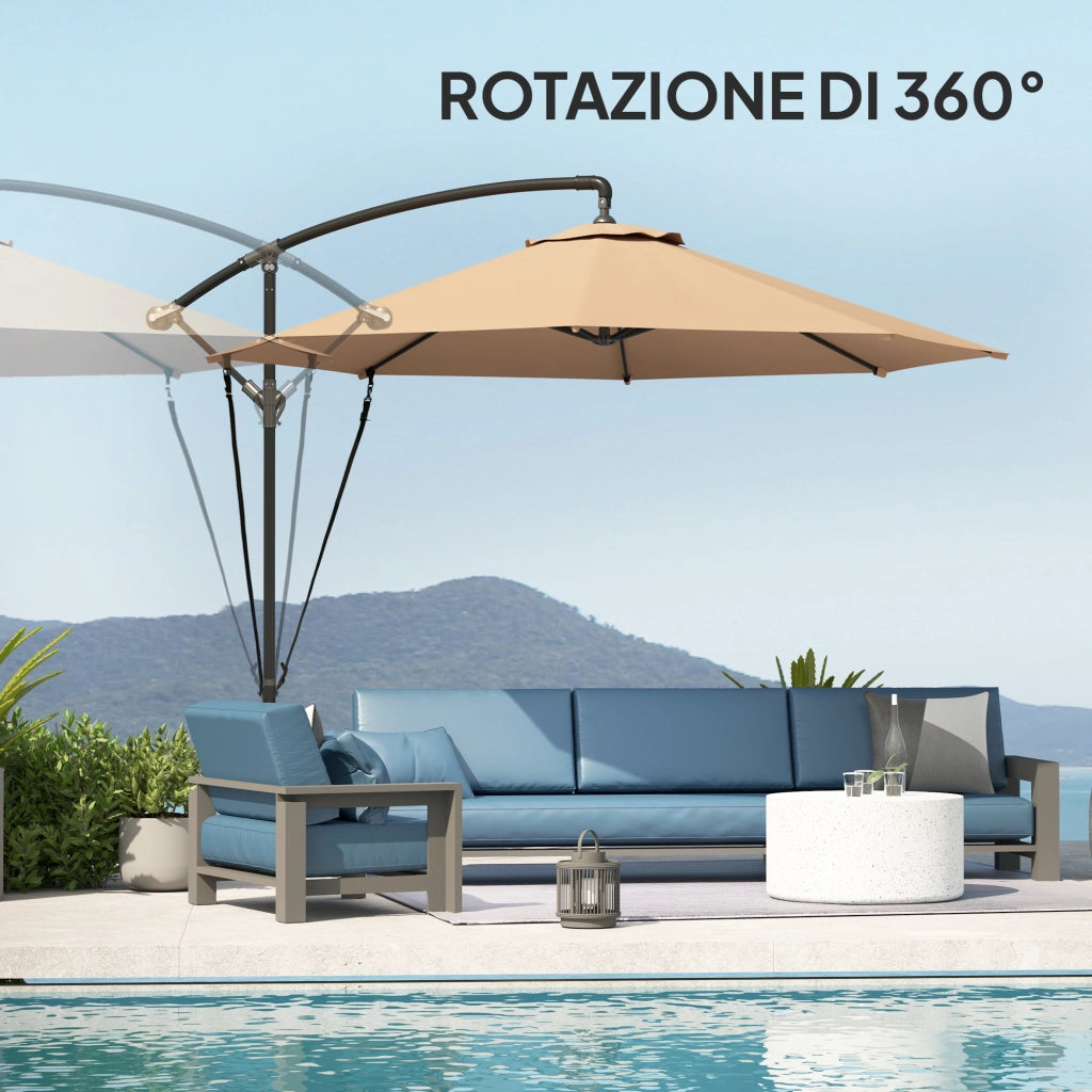 Ombrellone Decentrato Ø3 m con Prese d'Aria Base a Croce e Manovella in Metallo e Poliestere Cachi