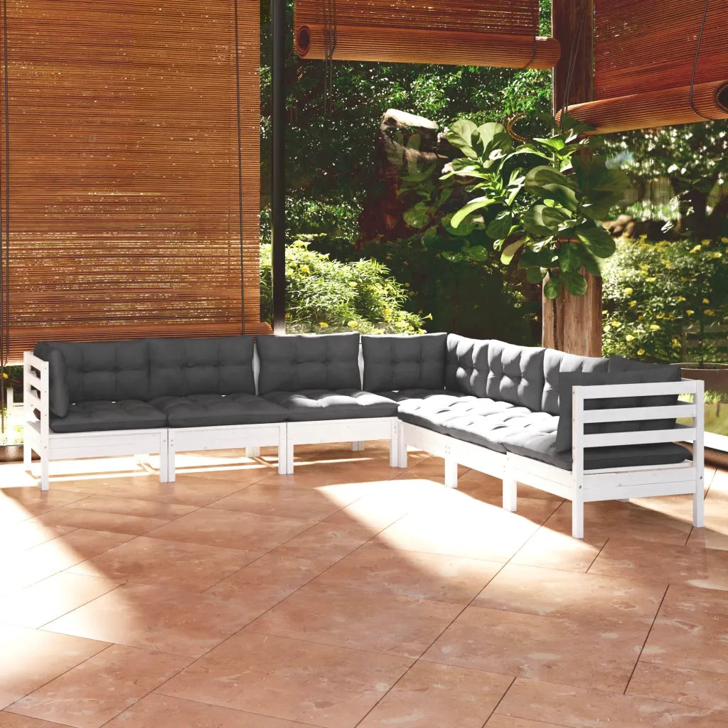 Set Divani da Giardino 7 pz con Cuscini Bianchi Legno di Pino 3096792