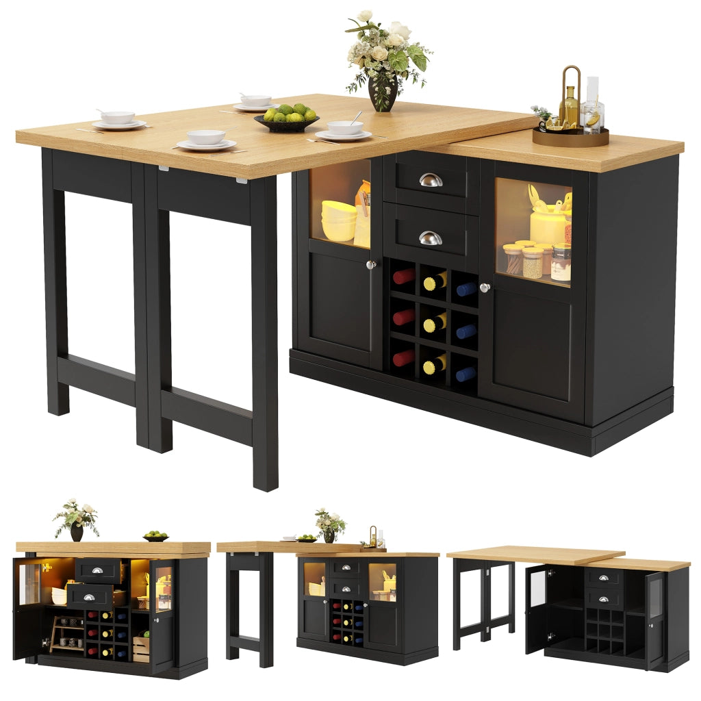 Tavolo da pranzo estensibile con LED a 3 colori; 2 cassetti; 2 armadietti con ante in vetro e portabottiglie; per cucina e soggiorno