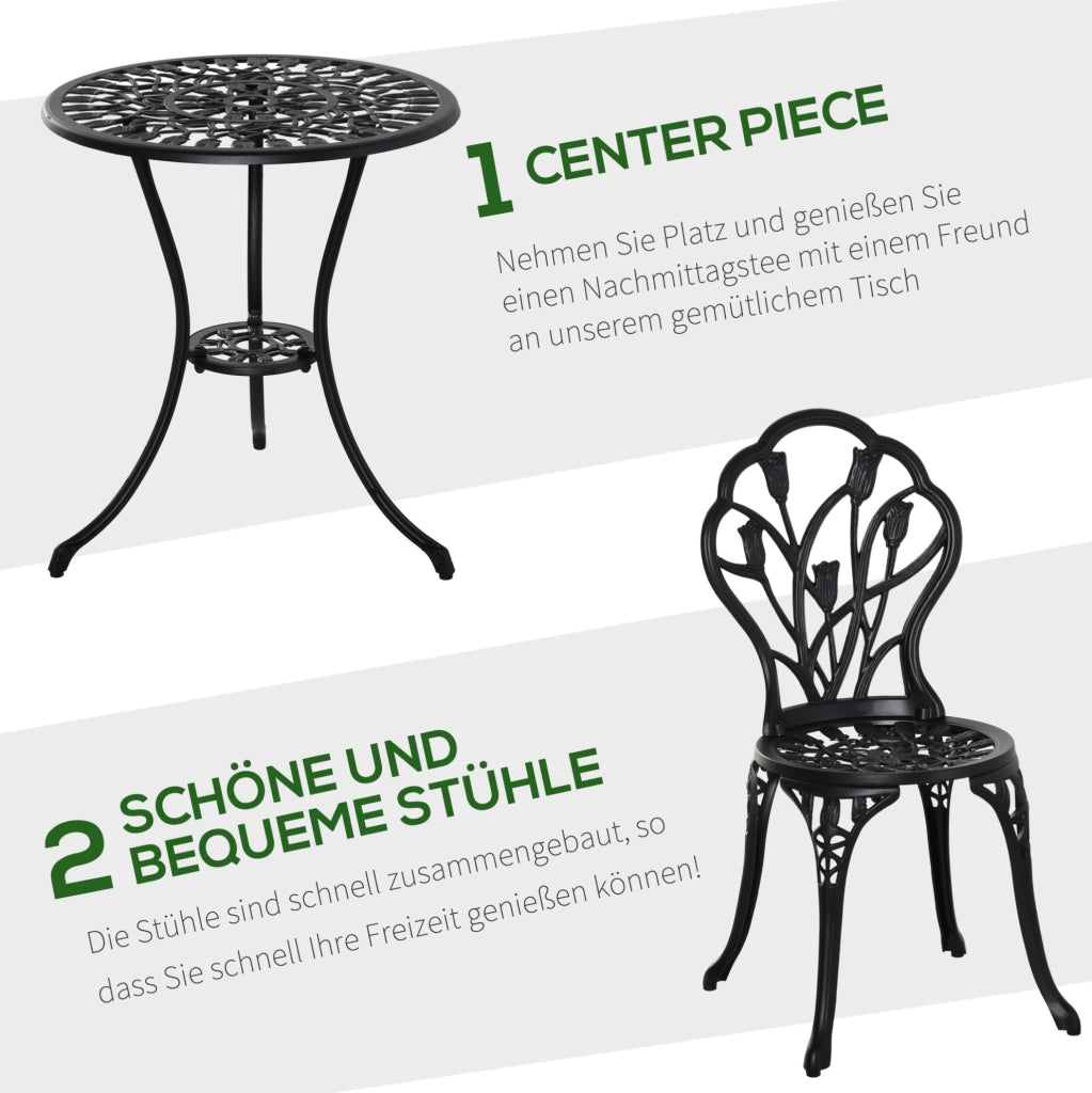 Set bistrot da esterno nero in alluminio con tavolo rotondo e 2 sedie