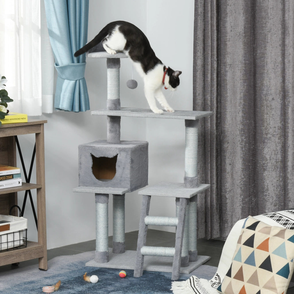 Tiragraffi per Gatti Multilivello con Casetta e Piattaforme ¨C Zephmum ¨C Grigio, Corda di Juta, 61x40x124