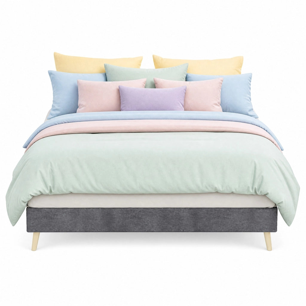 Letto matrimoniale 140x200 cm in tessuto grigio con testiera geometrica e rete a doghe