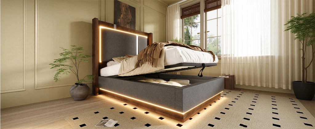 Letto contenitore 90 × 200 cm con LED, vano idraulico, senza materasso, in lino, grigio e noce